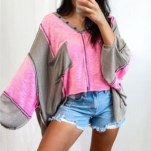 ☀️ NEW Stitch Pocket Top- Pink/Grey